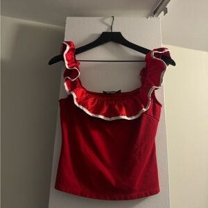 Anthropologie Red Ruffle Trim Crop Top